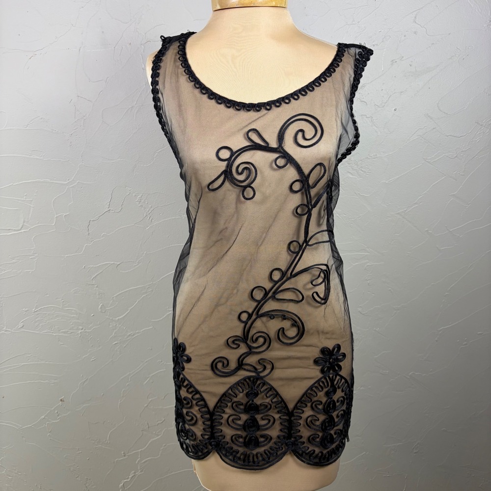 Gothic Mesh Embroidery Sleeveless Sheer Top Black Women Y2k Romantic Size S/M